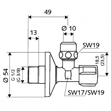 Kampinis ventilis, Schell  1/2 x 10mm (3/8) 1